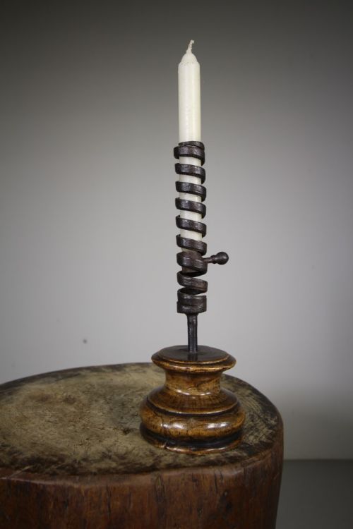 
English 18th Century Antique Spiral Iron Rising Candlestick
