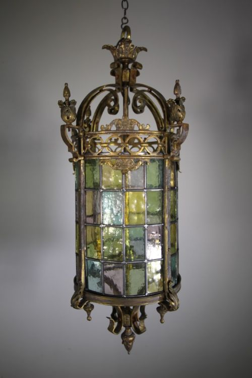 Massive English Antique Cast Brass & Glass Hanging Lantern