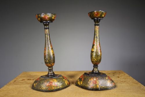 Unusual Pair of Antique Kashmiri Oval Shaped Candlesticks