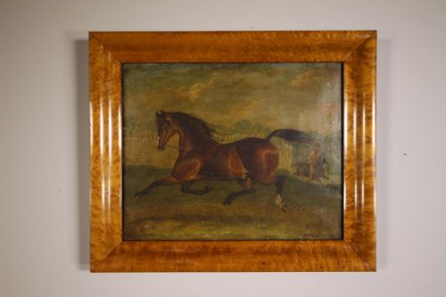 Lovely English 19th Century Antique Horse Oil Painting in Maple Frame