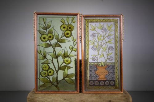 
Pair of Antique Arts & Crafts Hand Painted Glass Panels
