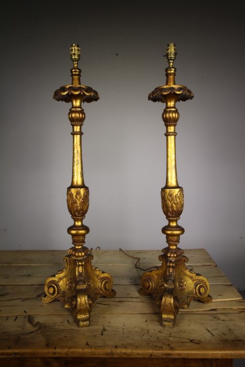 Pair of Large Carved 19th Century Gilt Table Lamps