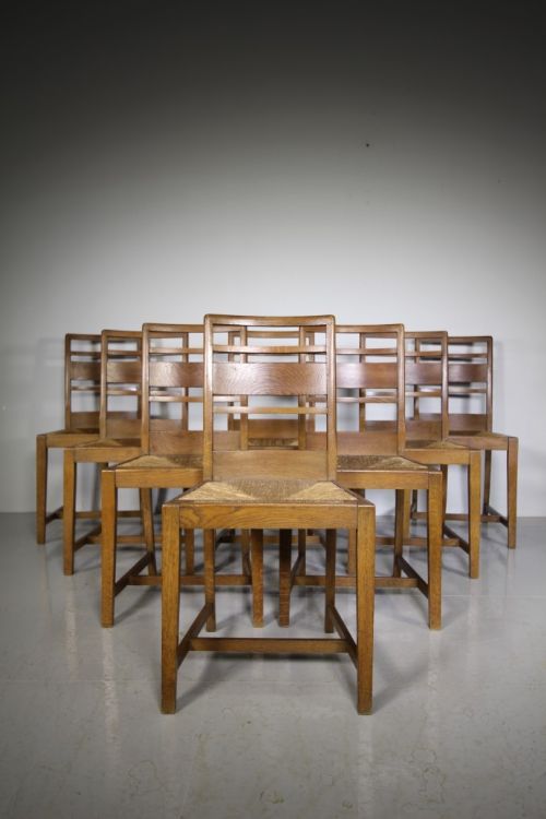 fig 1. Rare Set of Eight Oak Antique Dining Chairs by Heals
