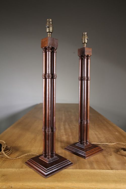 Pair of Antique Mahogany Cluster Column Table Lamps