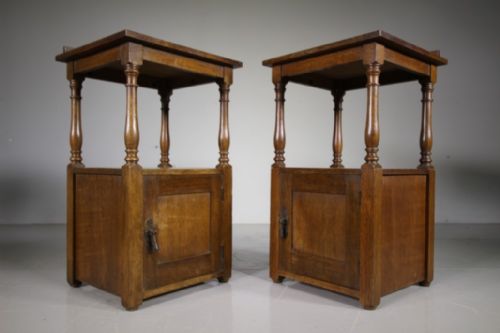 Rare Pair of Heals Antique Oak Newlyn Bedside Cabinets – Stamped