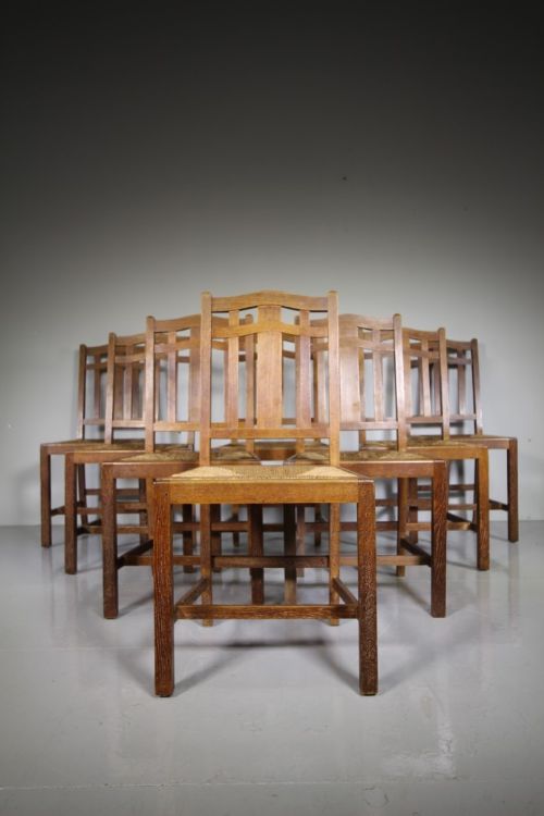 Rare Set of Eight Antique Heals Oak Dining Chairs