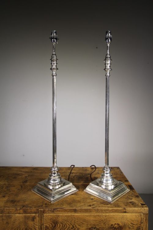 

Pair Tall Edwardian Antique Silver Table Lamps- Rewired