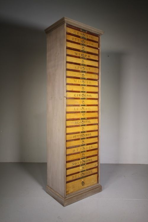 
Italian Tall 19th Century Antique Months Painted Bank of Drawers