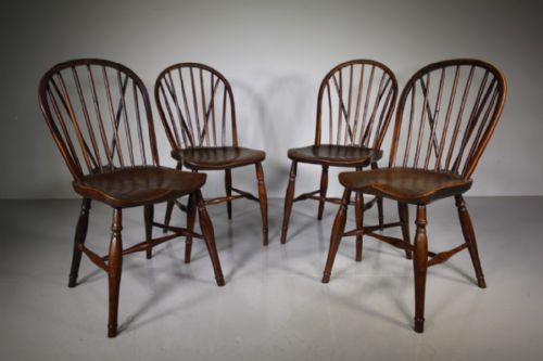 Early Set of Four Yew Wood Antique Hoop Back Dining Chairs