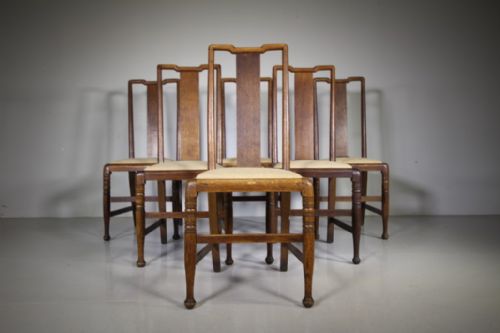 Rare Set of Six William Morris Antique Oak Dining Chairs