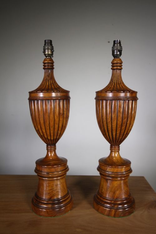 
Pair of English 30’S Tall Walnut Fluted Urn Table Lamps
