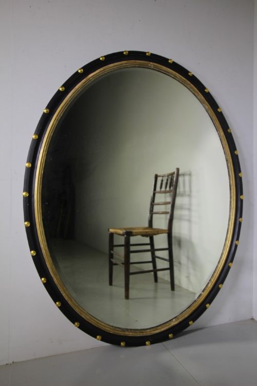 

Beautiful Large English Antique Oval Mirror with Gilt Studs
