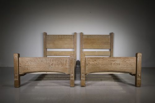 Pair of Heals Antique Gothic Oak Single Beds – Labelled
