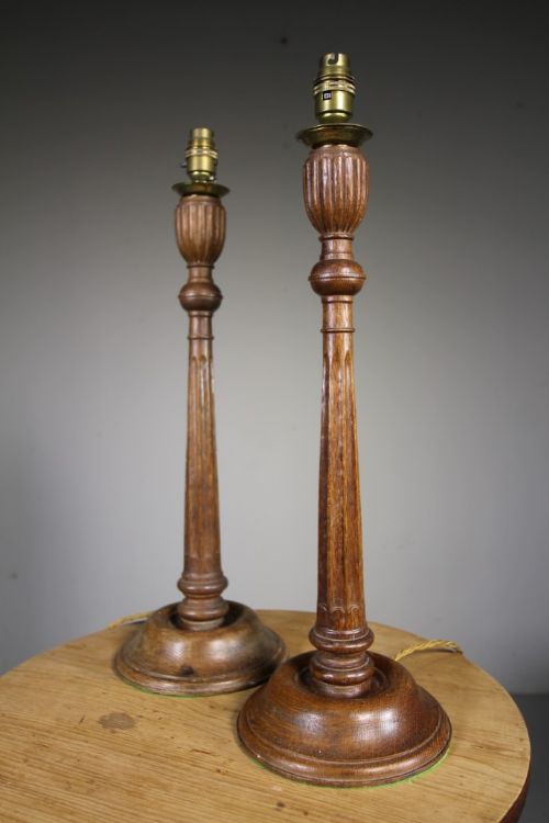 Pair of English Edwardian Antique Oak Table Lamps- Rewired