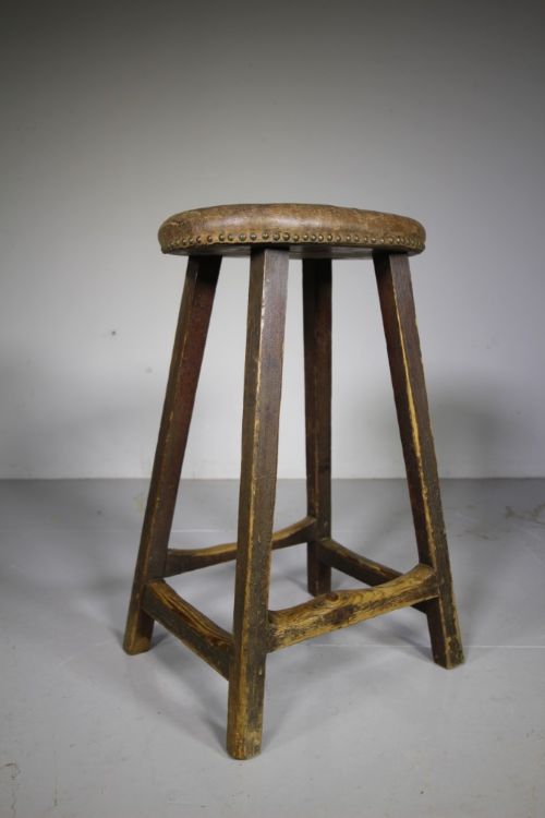 English 19th Century Antique Workman’s Leather Seated Stool