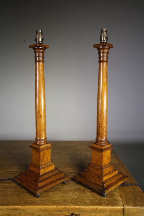 
Tall Pair of Edwardian Antique Oak Table Lamps – Rewired
