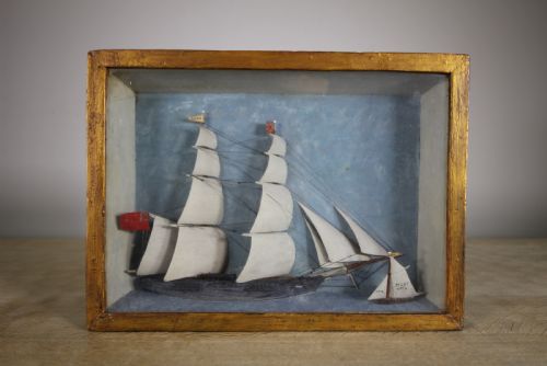Gilt Framed English Antique Sailing Ships Diorama