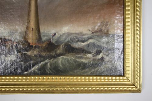 FABULOUS LARGE ENGLISH ANTIQUE LIGHTHOUSE OIL PAINTING - ADDITIONAL PHOTO 2