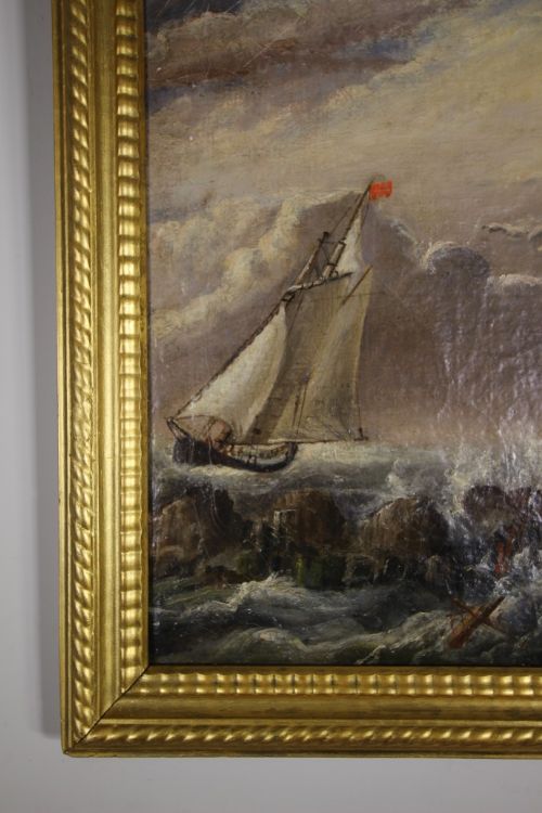 FABULOUS LARGE ENGLISH ANTIQUE LIGHTHOUSE OIL PAINTING - ADDITIONAL PHOTO 3