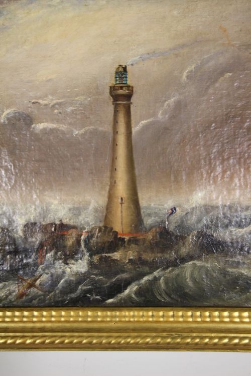 FABULOUS LARGE ENGLISH ANTIQUE LIGHTHOUSE OIL PAINTING - ADDITIONAL PHOTO 4