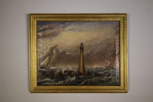 FABULOUS LARGE ENGLISH ANTIQUE LIGHTHOUSE OIL PAINTING - ADDITIONAL PHOTO 5