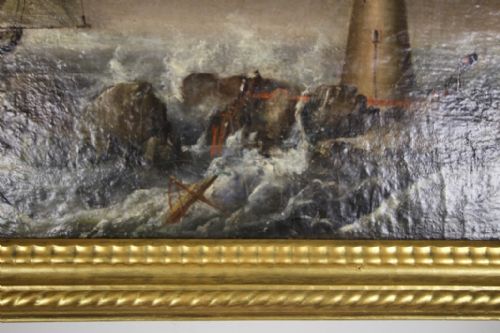 FABULOUS LARGE ENGLISH ANTIQUE LIGHTHOUSE OIL PAINTING - ADDITIONAL PHOTO 7