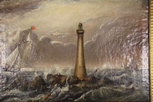 FABULOUS LARGE ENGLISH ANTIQUE LIGHTHOUSE OIL PAINTING - ADDITIONAL PHOTO 8