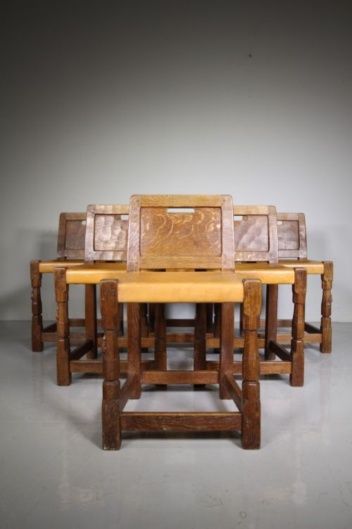 Rare Model Early Mouseman Set of Six Dining Chairs