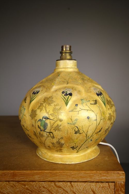 Beautiful 1920’S Kashmiri Table Lamp Kingfishers & Irises