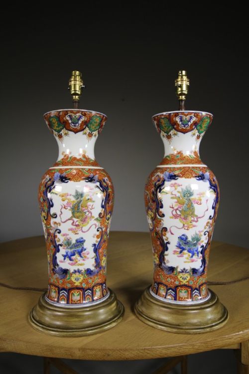 Large Pair of Japanese Antique Dragon Porcelain Table Lamps