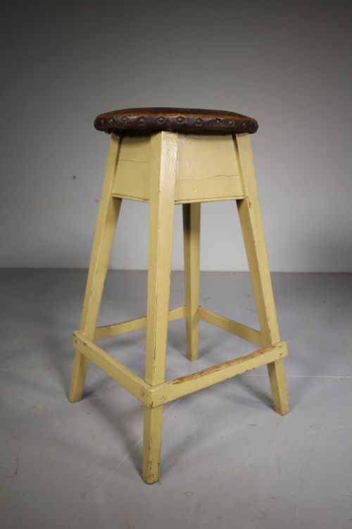 Tall Edwardian Antique Painted Pine Stool