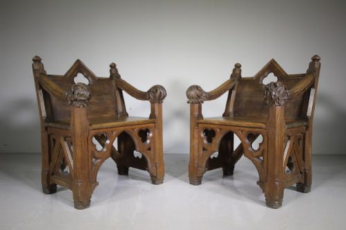 Pair of 19th Century English Oak Antique Gothic Armchairs