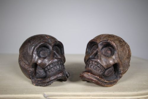 Pair of Antique Treen Momento Mori Carved Skulls
