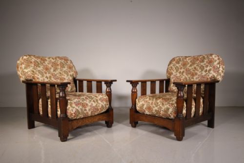 Pair of English 1930’S Quality Oak Reclining Armchairs