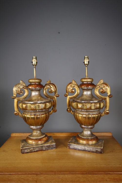 LARGE PAIR OF 19TH CENTURY CARVED PINE GILT ANTIQUE URN LAMPS - ADDITIONAL PHOTO 2