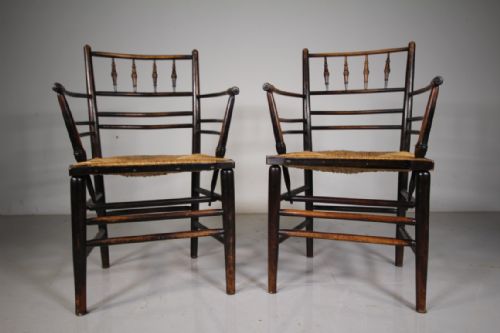 A Rare True Pair 19th Century Antique Sussex Chairs by William Morris