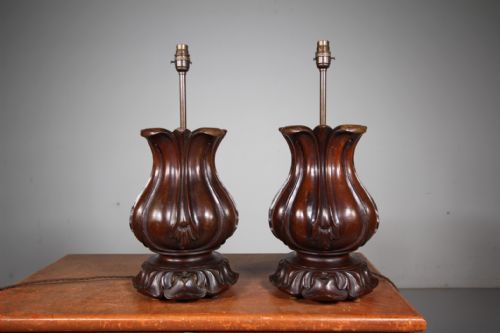 LARGE PAIR OF ENGLISH WILLIAM IV ANTIQUE MAHOGANY TABLE LAMPS - ADDITIONAL PHOTO 5