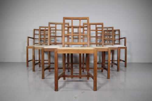 Long Set of Eight Heals 1920’S Oak Dining Chairs – Lattice Back