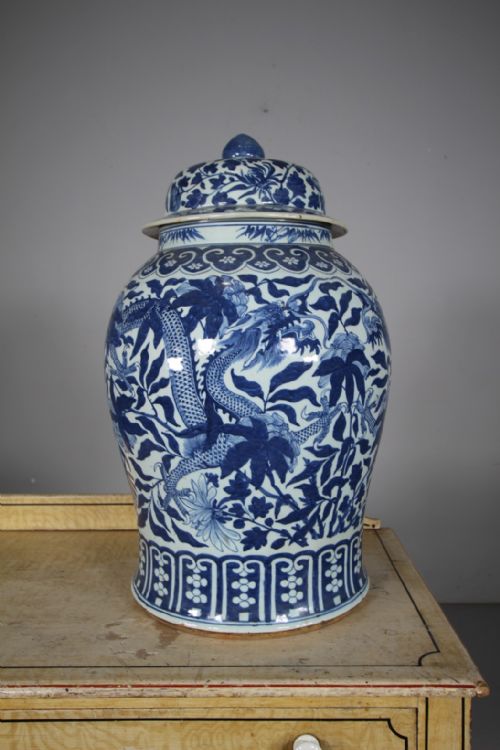 Huge 19th Century Antique Chinese Blue & White Temple Jar & Lid
