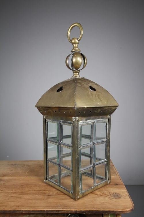 ENGLISH EDWARDIAN ANTIQUE BRASS GLASS HALL LANTERN