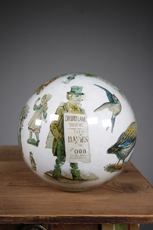 Rare Large English Antique Decalcomania Glass Ball 