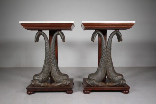 Amazing Regency Pair of Antique Cast Iron Dolphin Side Tables 
