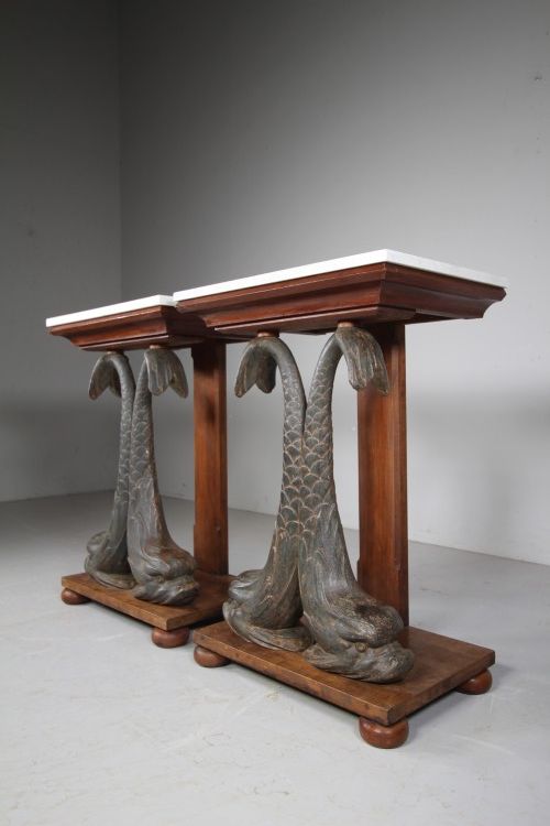 English Regency Pair of Antique Cast Iron Dolphin Side Tables