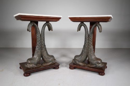 Amazing Regency Pair of Antique Cast Iron Dolphin Side Tables