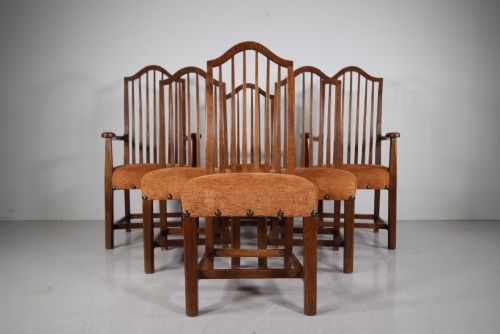 SET OF SIX ENGLISH ARTS CRAFTS ANTIQUE OAK DINING CHAIRS BY LETHABY