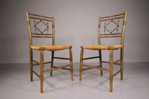 Regency English Pair of Painted & Simulated Bamboo Antique Side Chairs
