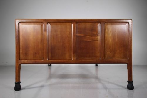 A 1920s pale walnut double bed frame featuring framed panelwork on both the headboard and footboard. View VI