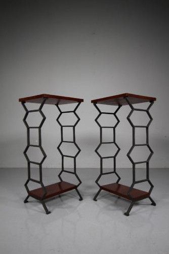 Pair of Antique Iron & Mahogany Bedside Tables