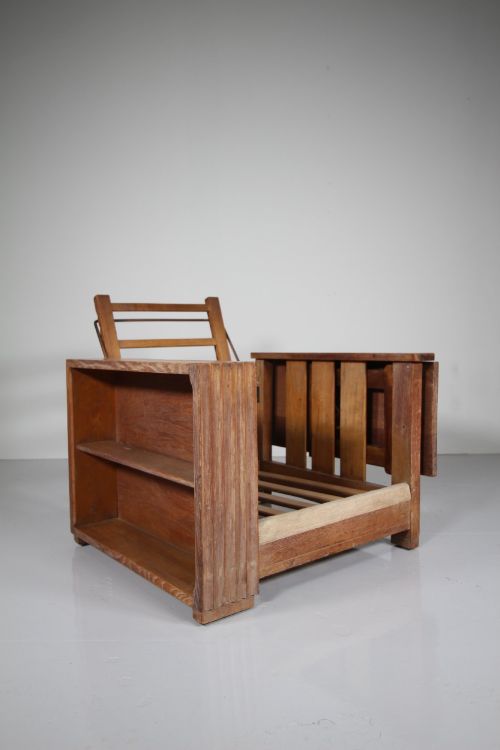 Iconic Heals 1930'S Oak Skull Reclining Table & Book Armchair - Rare Paper Label