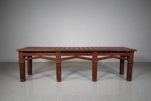 Wonderful Long English Antique Lattice Oak Hall Bench Seat